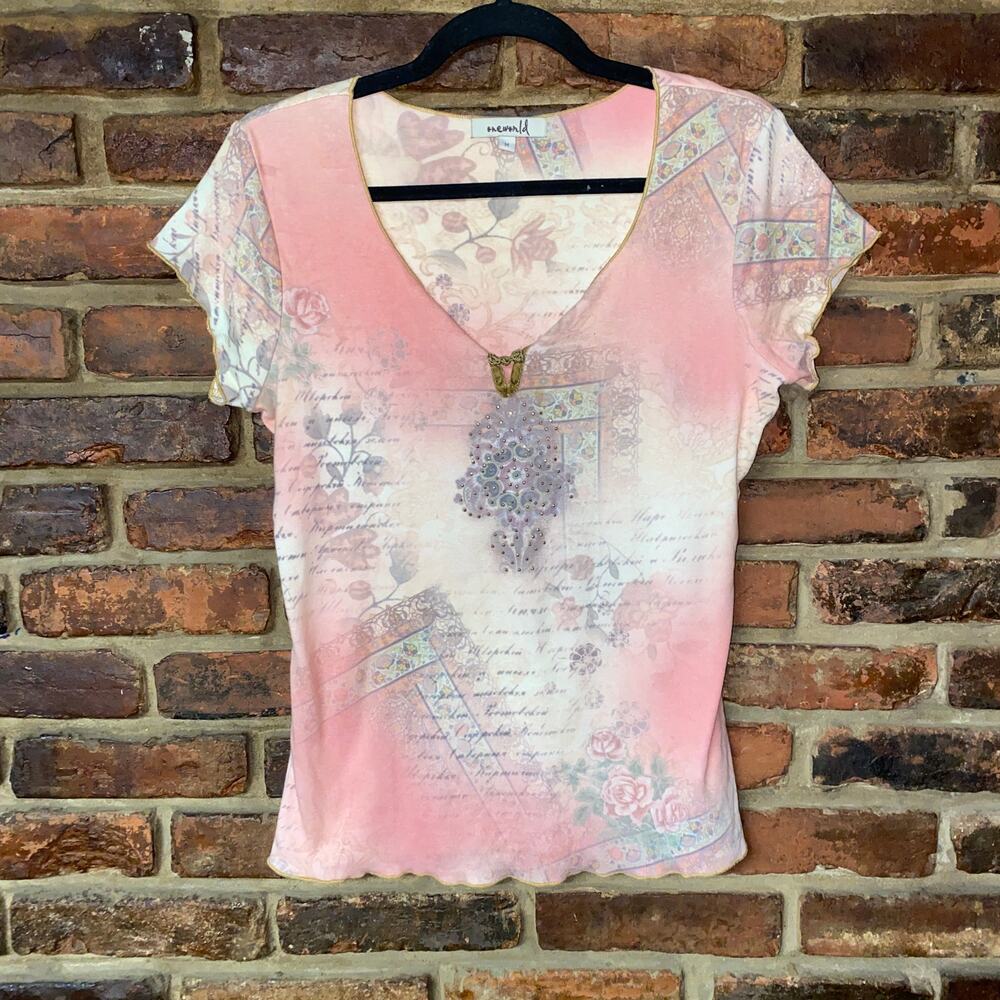 One World Printed Embellished Short Sleeve V-Neck Keyhole Top Womens Size Medium